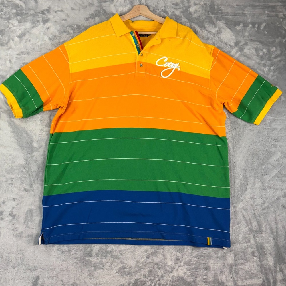 COOGI Polo Shirt Mens 3XL Striped Colorblock Y2K Neon Rainbow Polo Shirt